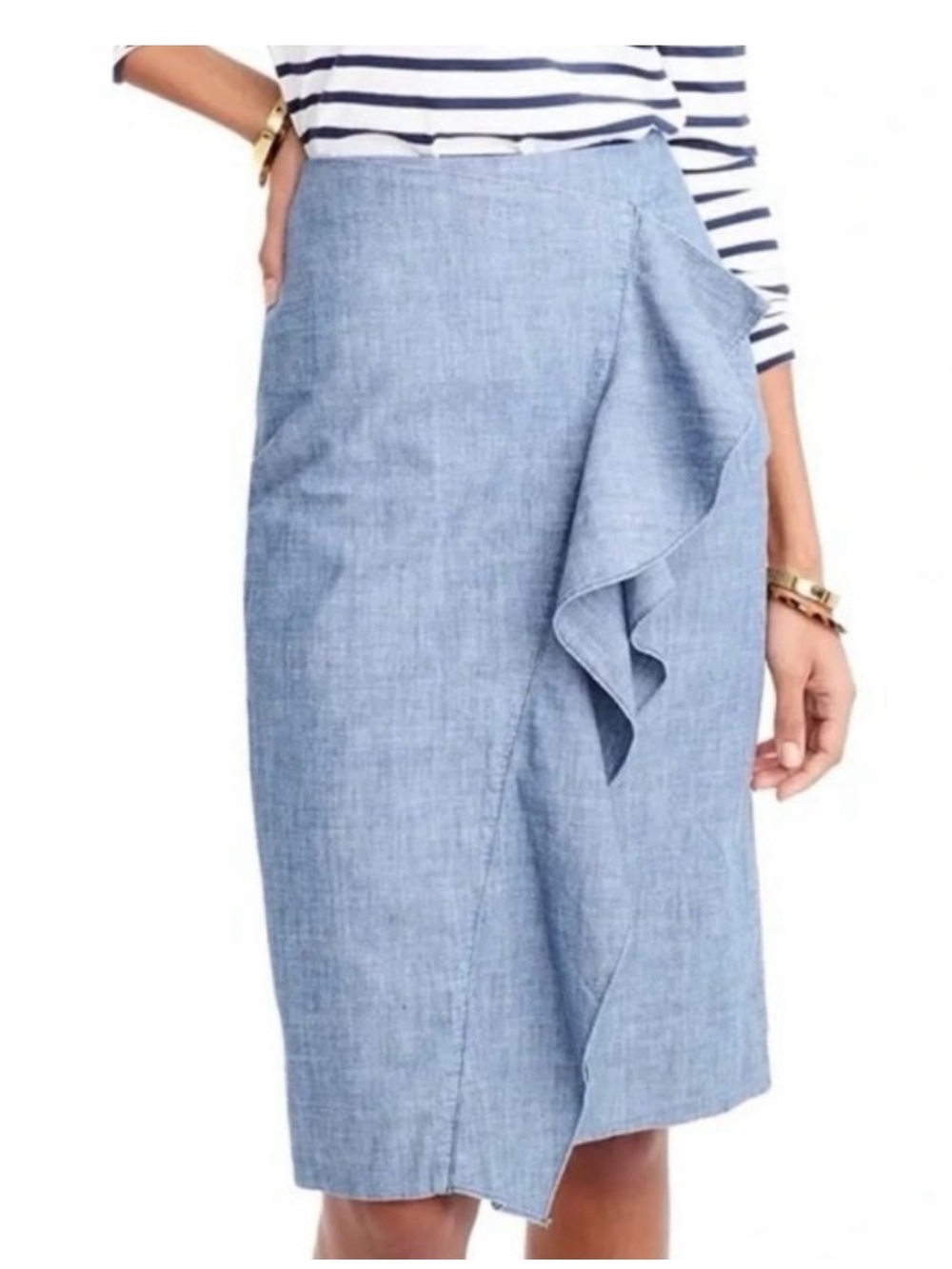 J. Crew Chambray Ruffle Knee Length Skirt 4